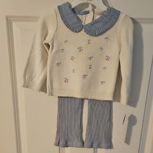 Cream Sweater with Blue Collar and Pants Set